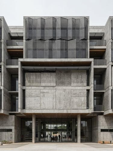 Straight-on architectural photograph of a modern concrete building facade in Sorocaba, bright neutral daylight, clean sharp shadows, slate grey tones