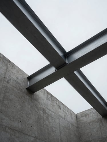 One-point perspective of raw architectural concrete intersecting with polished steel beams, overcast dramatic daylight, minimalist composition