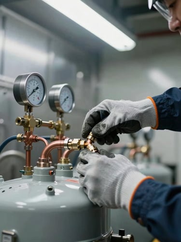 Close-up low-angle shot of a refrigeration technician's gloved hands connecting refrigerant line fittings on a commercial condensing unit, copper tubing and pressure gauges visible, industrial workshop fluorescent lighting overhead, tool belt and safety gloves in sharp focus, background blurred stainless steel equipment wall