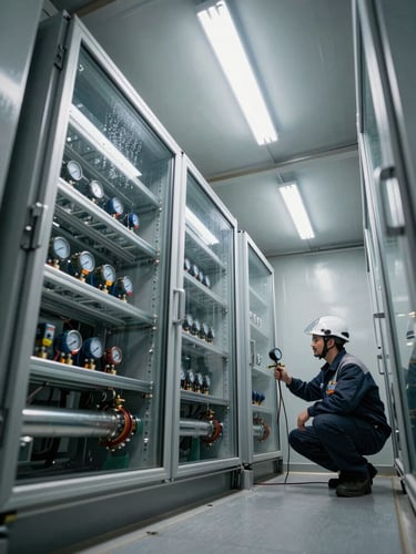 Wide-angle interior of an open commercial cold room, technician in work uniform and PPE helmet crouching at the far right third inspecting refrigeration pipes with a pressure gauge in hand, cold room shelving structure visible to the left, cold fluorescent LED ceiling strip casting sharp industrial light across stainless steel walls, condensation visible on pipes, perspective shot from low angle giving scale to the chamber height