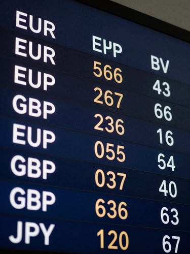 Extreme close-up of a live currency exchange rate ticker board in a modern financial institution, cool studio strobe lighting, EUR USD GBP JPY labels in sharp focus, deep navy background, no people