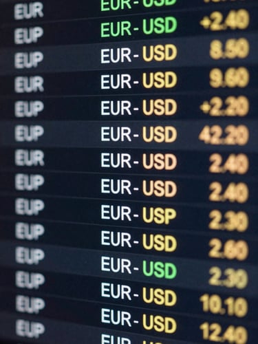 Extreme close-up macro of a financial transaction screen showing live currency rate data, EUR USD GBP pairs with decimal precision, cool studio backlight, dark interface, sharp focus on rate numbers, no faces, no hands