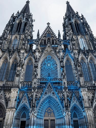 Wide-angle orthophoto of a complex gothic cathedral facade with a blue digital laser point-cloud wireframe overlay, sharp overcast daylight, crisp technical architectural rendering, 35mm lens.