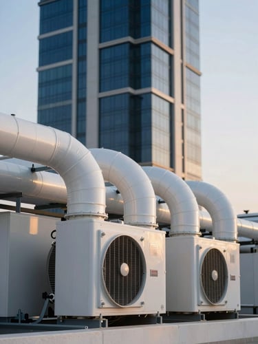 A close-up of complex commercial HVAC ductwork and chiller systems in a modern Dubai high-rise, twilight golden-hour light, deep navy and clean white tones, sharp focus, 35mm