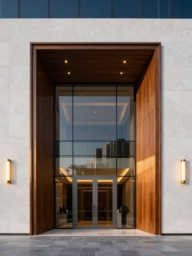 Straight-on medium shot of a luxury office lobby in Business Bay, immaculate gypsum wall panels, custom timber carpentry, warm architectural lighting, 35mm.