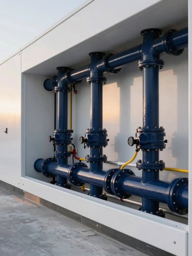 An immaculate commercial plant room with color-coded pipes, high-contrast architectural daylight, deep navy and clean white tones, sharp focus, 35mm