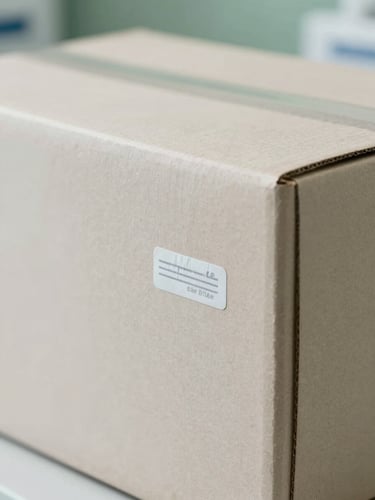 Close-up of a secure, neutral-colored medical shipping box with a tamper-evident seal, clean studio lighting, soft green accents in background.
