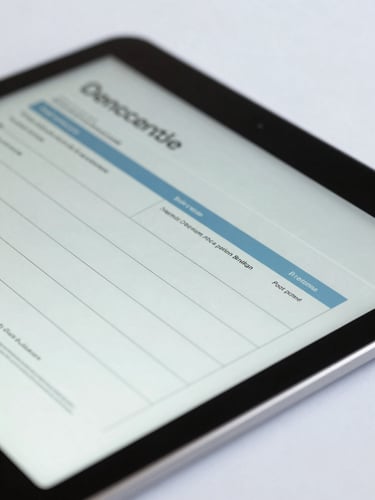 Macro close-up of a clean digital tablet displaying a structured medical questionnaire, cool daylight, sterile white background.