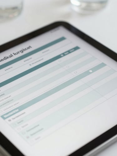 A close-up of a structured digital medical questionnaire on a clean tablet screen, soft natural light, sterile white background