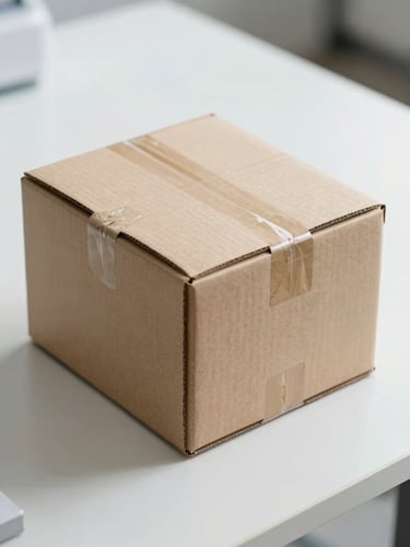 Macro shot of a sealed, completely neutral cardboard shipping box on a white sterile table, bright clinical daylight, clean composition