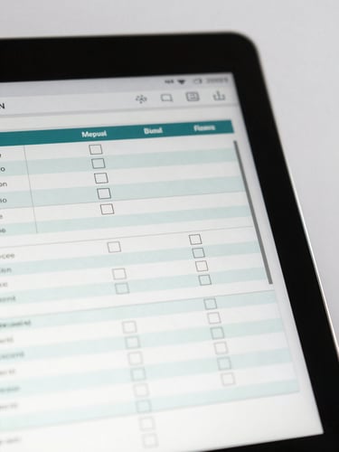 Macro portrait shot of a clean digital tablet displaying a structured medical questionnaire with clear checkboxes, soft clinical lighting, sterile white background.