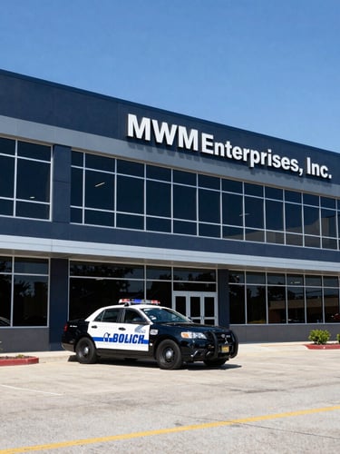 Wide exterior shot of the modern MWM Enterprises, Inc. office building in Reynoldsburg under sharp daylight, with a marked patrol vehicle parked prominently in front, high contrast navy and slate tones, 50mm lens, professional depth of field.
