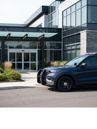 Wide shot of a marked MWM patrol vehicle, clean and modern, parked at a commercial property entrance under sharp daylight, high contrast navy and slate tones, 50mm lens, professional depth of field, vehicle on the right.