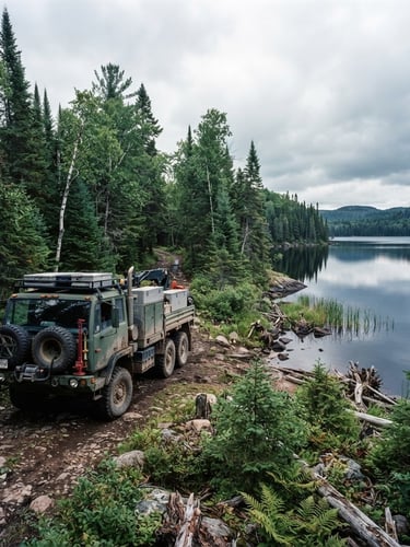 Wide environmental shot of a rugged forest trail in Northern Minnesota, a specialized heavy-duty service truck parked near a pristine lake, overcast northern daylight.