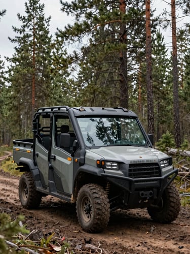 A rugged 4x4 utility service vehicle parked on a muddy logging trail in a dense pine forest, overcast northern daylight.