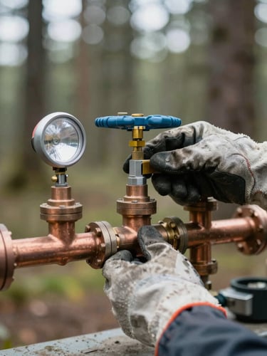 Close-up of a technician's hands in heavy work gloves adjusting a copper propane manifold, natural utility lighting, industrial tools in background.