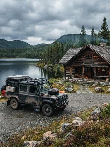 Wide environmental shot of a rugged all-terrain 4x4 service vehicle parked next to a lakeside timber lodge under overcast northern skies, 35mm lens