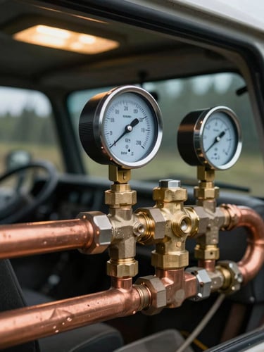 Close-up macro shot of copper pipes, heavy-duty brass fittings, and a manifold pressure gauge inside a rugged utility vehicle, warm interior utility lighting
