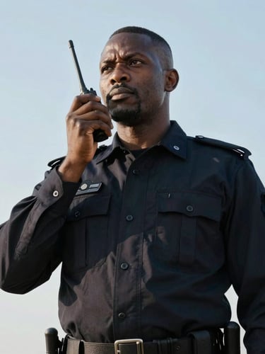 Low angle portrait of a tall, strong African security professional in a dark tailored uniform, communicating calmly on a radio, clear bright sky background