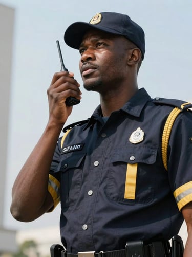 An upward angle shot of a tall, professional African security guard in a crisp navy and gold uniform, speaking calmly into a radio under bright corporate daylight.