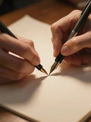 Close-up of hands writing on manuscript paper with a fountain pen, warm side-lit desk lamp casting long amber shadows, tactile paper texture.