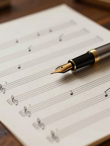 A close-up, side-lit view of handwritten music manuscript paper on a dark wooden desk. A classic fountain pen rests on the page, with warm amber light catching the brass nib and the texture of the paper.