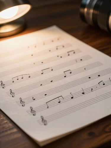 Extreme close-up of handwritten manuscript paper on a dark wooden desk, soft amber light from a desk lamp illuminating the ink lines and hand-drawn musical notes, shallow depth of field.