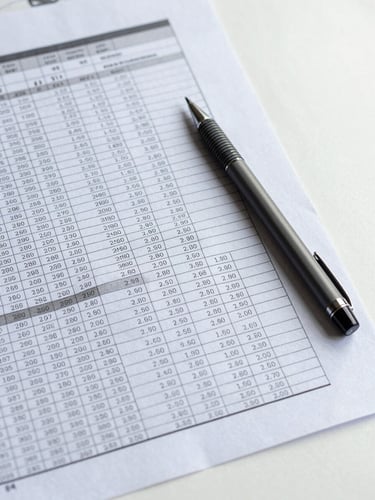 Overhead flat-lay of a printed portfolio statement on a white desk, tight crop on rows of ticker symbols and cost-basis figures, a single mechanical pencil resting diagonally across the sheet, cool studio lighting with no shadows, ultra-sharp financial ledger detail