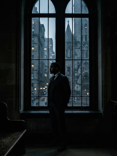 Dramatic low-key photography of a high-authority lawyer silhouette standing in front of a tall, dark judicial window, harsh side-lighting, deep shadows, 35mm