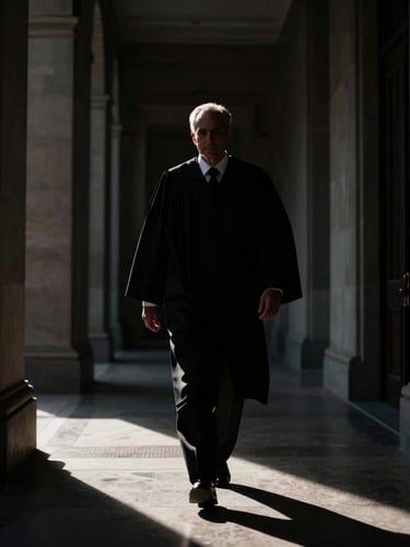 Low-angle dramatic shot of a high-authority lawyer silhouette walking through a dark, high-contrast courthouse corridor with harsh side-lighting