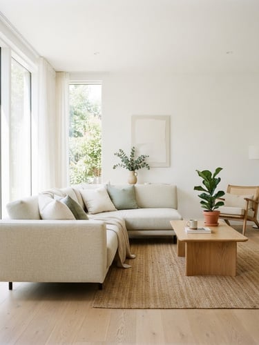 Bright high key photography of a clean modern living room with a fresh fabric sofa, natural daylight pouring in, 35mm lens