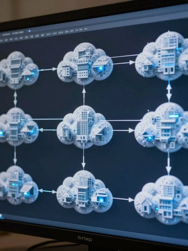 Crisp architectural schematic of cloud network topology displayed on a high-resolution screen, daylight mixed with cool blue LED glows.
