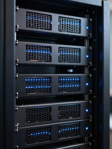Macro close-up of a clean, modern server rack with cool blue LED indicator glows, structured architectural alignment, crisp lighting.