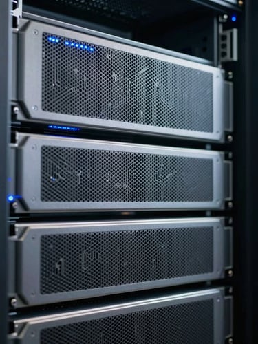 Macro close-up of clean, neatly routed server racks in a modern server room, cool crisp daylight with subtle blue LED indicator glows, structured architectural framing.