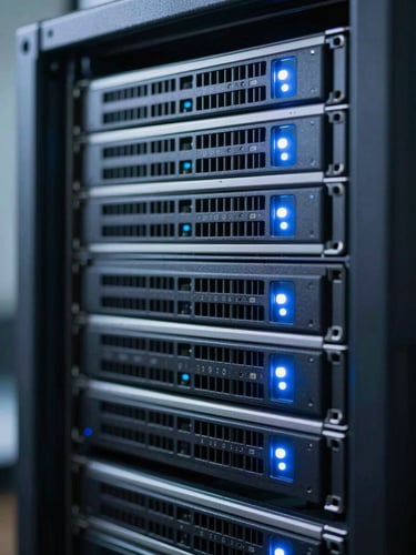 Macro close-up of a perfectly routed enterprise server rack, clean blue and white LED indicator glows, cool daylight, high-contrast technical depth.