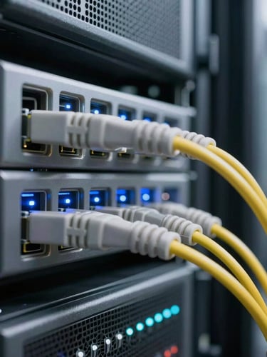 A macro close-up of neatly routed fiber optic cables and server racks inside a high-end enterprise data center, cool crisp daylight mixed with subtle blue and white LED indicator glows, structured architectural perspective.