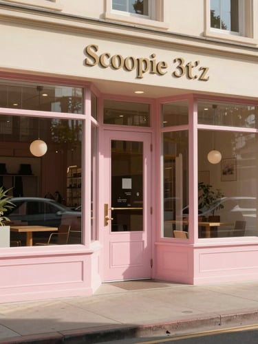 Wide-angle, daylight-flooded photo of the Scoopie'z storefront. Large glass windows, soft pink accents on the door, warm cream walls, clean architectural lines, sun-drenched sidewalk in front.