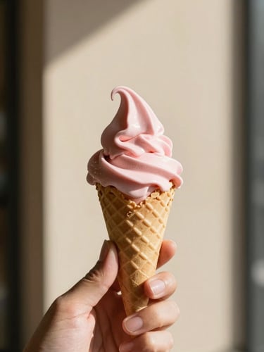 A close-up shot of a hand holding a freshly scooped light pink ice cream cone against a warm cream wall, soft natural daylight casting gentle shadows