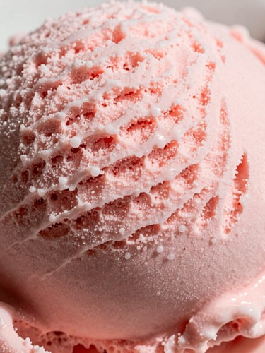 Extreme close-up macro shot of textured strawberry ice cream with melting edges, bright natural daylight, soft shadows, pastel pink color palette.