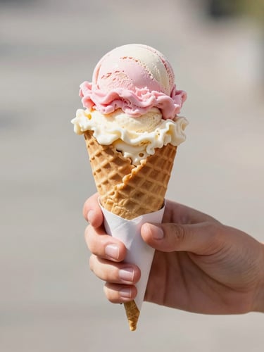 Candid shot of hands holding a fresh waffle cone topped with a double scoop of pink and cream ice cream, bright outdoor daylight, clean background.