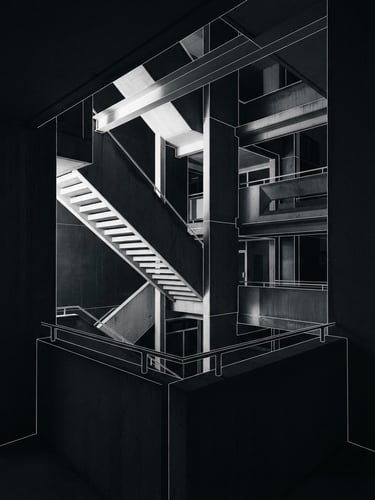 Crisp minimalist digital vector graphic art with high-contrast stark white lines on a dark charcoal background, architectural framing
