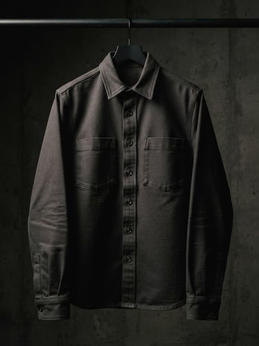 Symmetrical composition of a heavy-weight cotton garment with a structured drape, dimly lit, moody studio lighting, deep shadows, 35mm lens