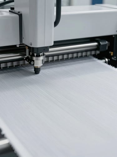Extreme close-up of a high-precision automated fabric cutting machine slicing technical performance textile, cool desaturated tones, sharp focus.