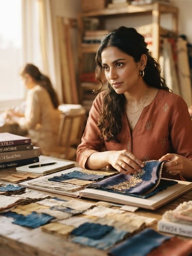 Modern Indian fashion editor reviewing fabric swatches in a sunlit studio, elegant and focused, shallow depth of field, warm editorial fashion photography.