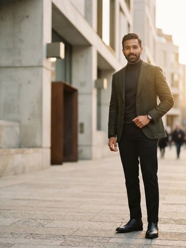 Modern Indian man in a sharp, tailored blazer, standing against a minimalist architectural background, soft golden-hour sunlight, off-center composition, high-contrast, editorial street-style.