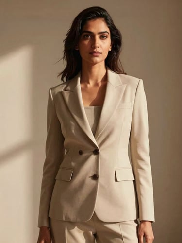 Portrait of a modern Indian woman in a meticulously curated capsule wardrobe outfit (neutral tones, tailored), standing in a minimalist interior with soft diffused light, elegant and sophisticated, 35mm.