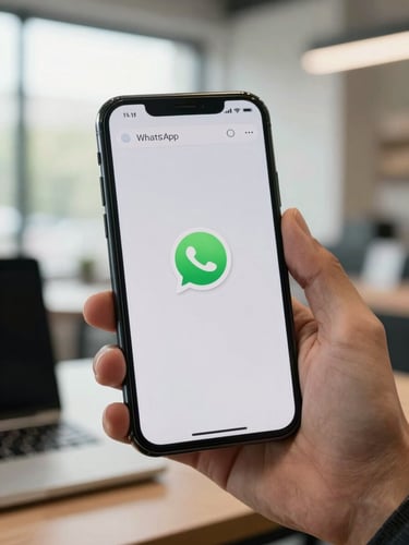 Close-up of a hand holding a smartphone showing a WhatsApp message notification with a delivery tick, natural daylight from a window, merchant workspace in soft background blur