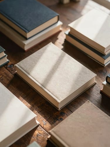 Overhead flat-lay of curated book stacks on a dark rustic wooden table, warm natural window light casting soft shadows on rich paper textures