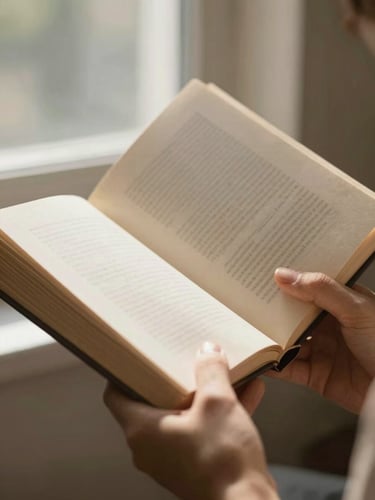 Close-up of hands holding an open book with rich paper texture under soft warm window light, shallow depth of field