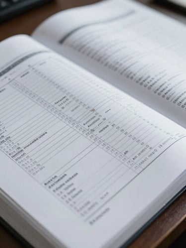 Close-up of an open financial report on a desk, pages dense with figures and handwritten margin notes, cool even office lighting, clinical tight framing, no hands visible, document details sharp and legible in texture